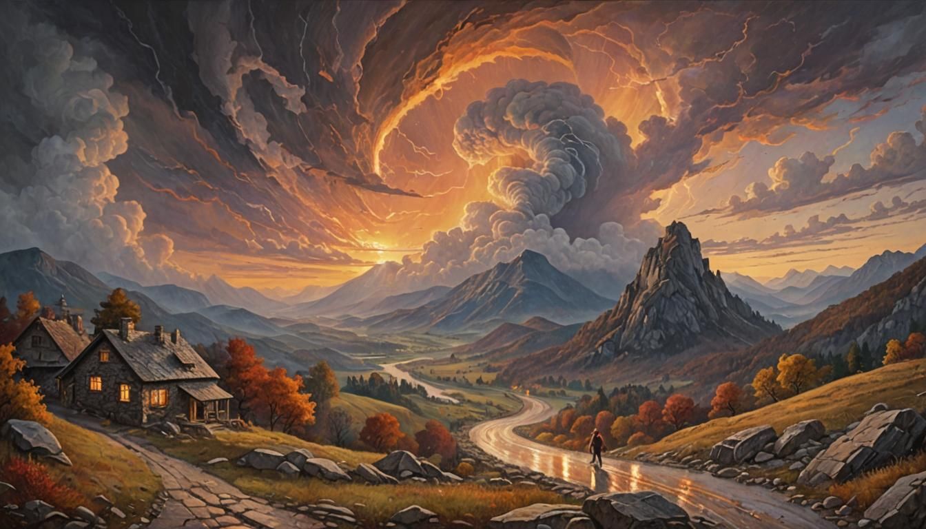 Serpent road-trip of dream in the mountains, sunset, autum, ...