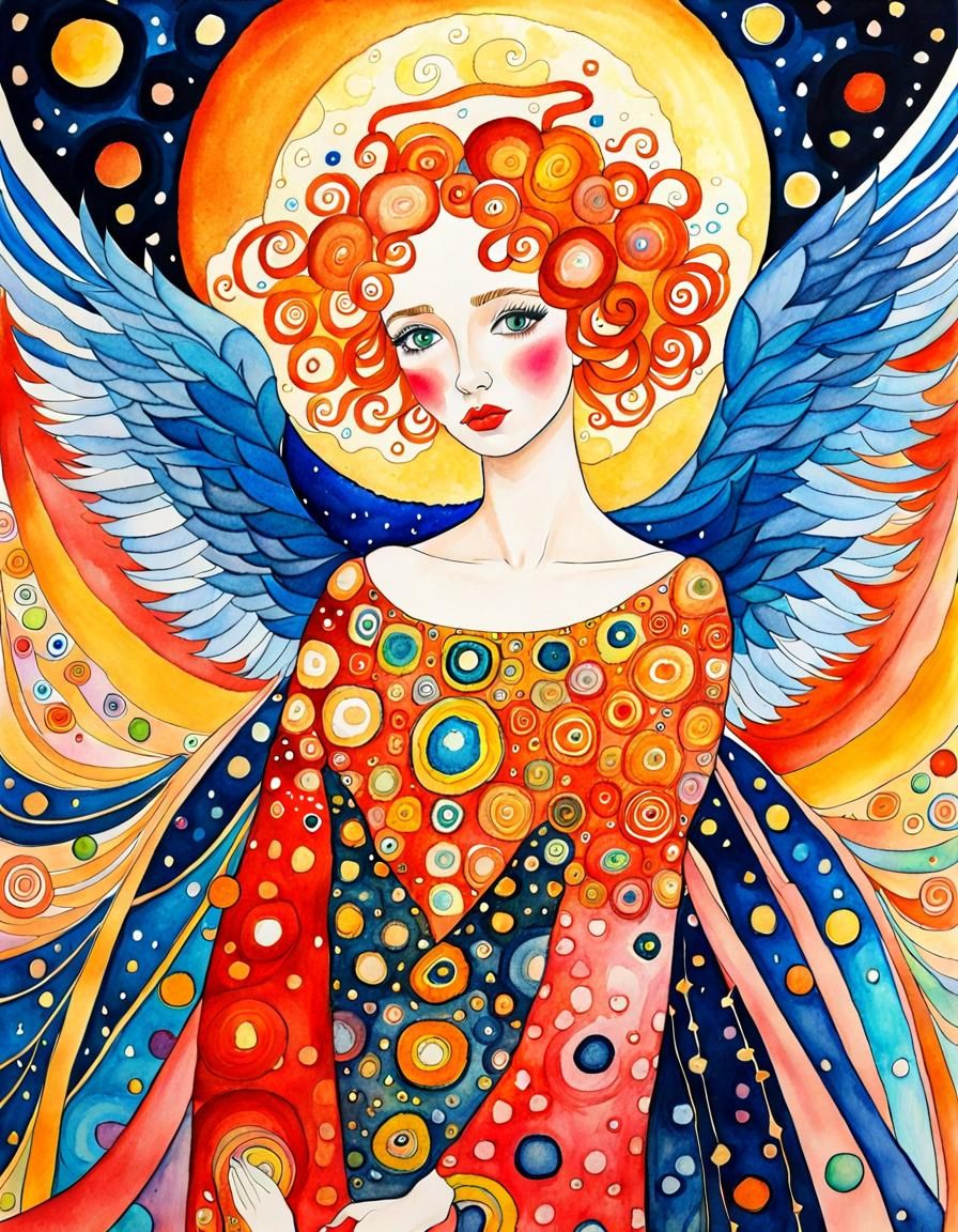 Colour MESSY WATERCOLOUR DRAWING, bold angel, insanity, 🤯🌝🔥🍄 in the style of Klimt, Van Gogh MAXIMALISM  by @StudioLalaArt