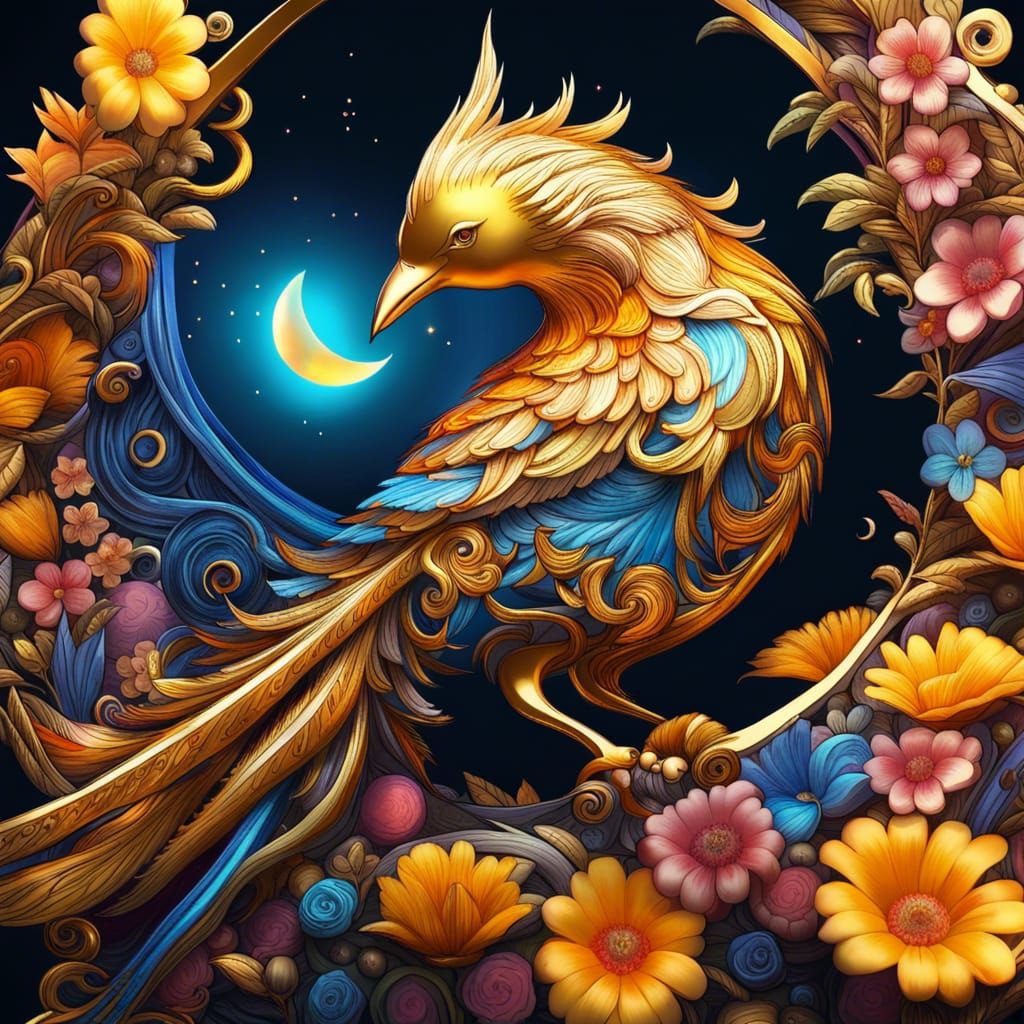 Amazing epic golden bird with long flowing tail on crescent of flowers, fun moon background, insanely ...  by @KrystofM75
