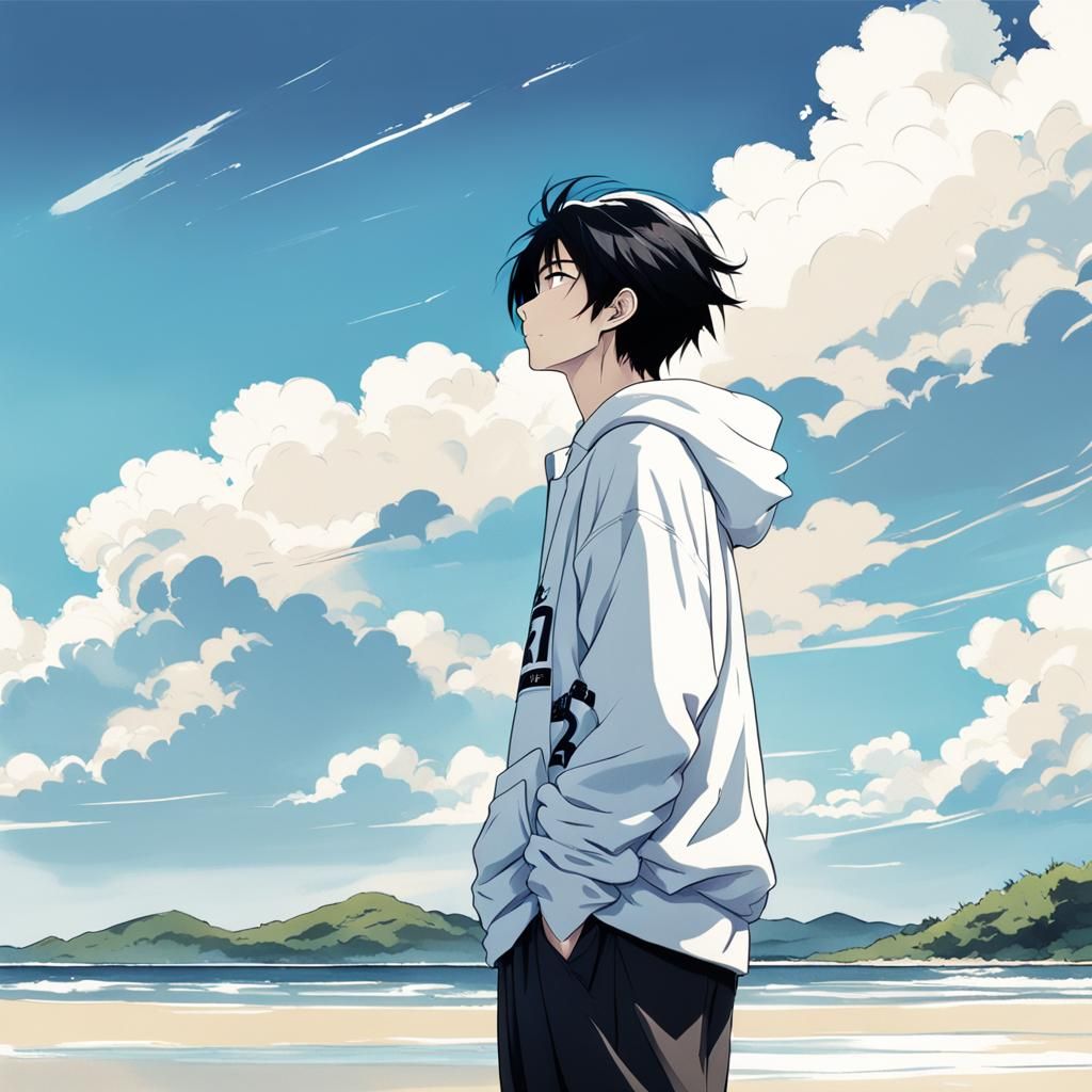 blue,White,clouds,horizon,Japanese manga style,teen boy,on t...