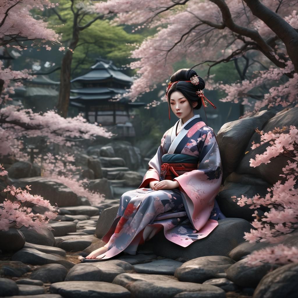 A potret of an intricate geisha, sitting in a rock of a sakura filled forest, 