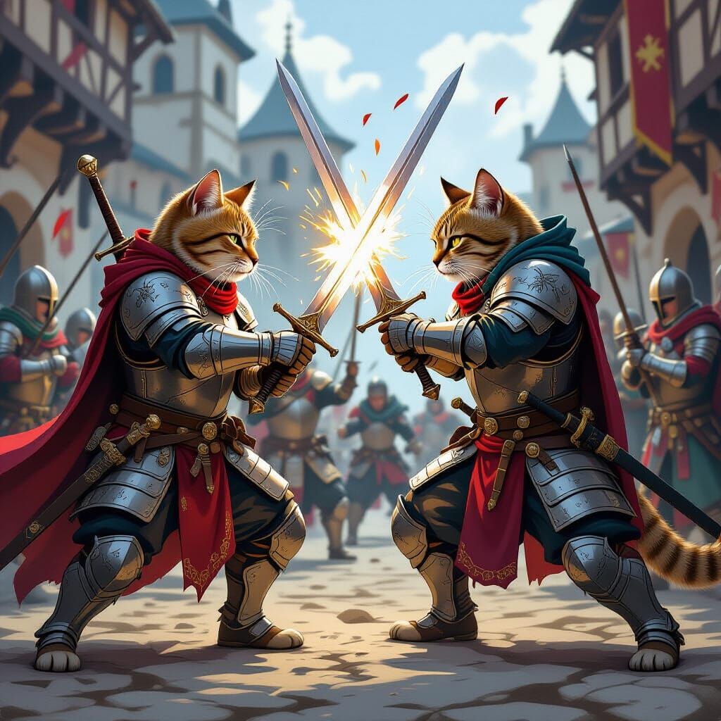 Armored Cats Clash in Medieval Battle, Cyberpunk Style