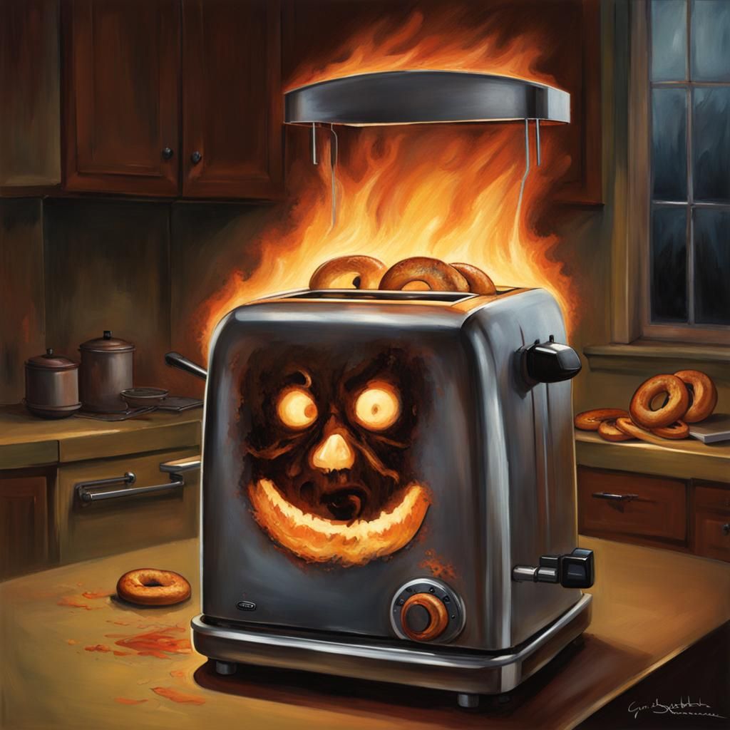spooky kitchen appliances scary toaster burning bagels AI Generated Artwork NightCafe Creator