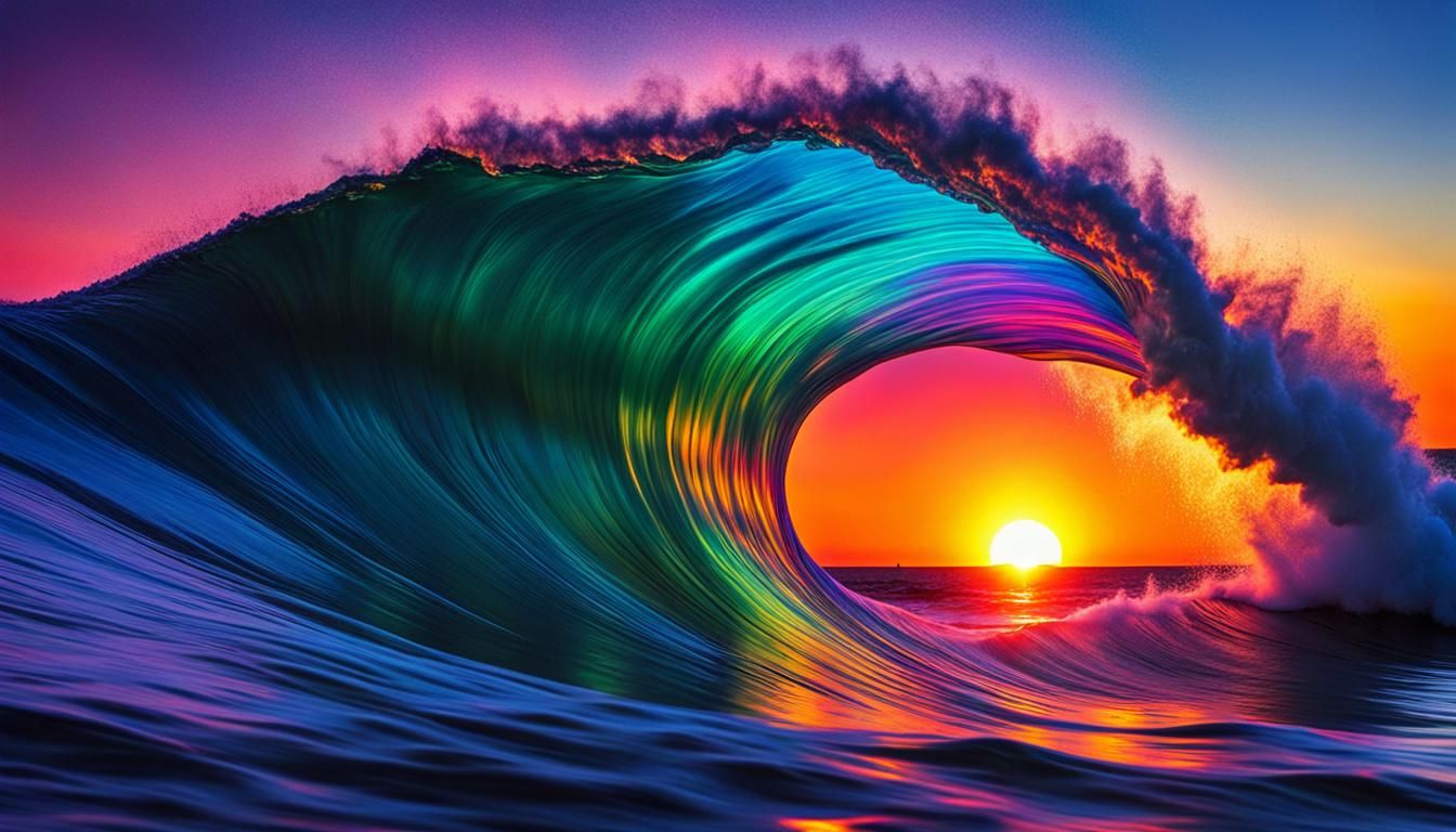 a bioluminescent vibrant colorful translucent large wave,
co...