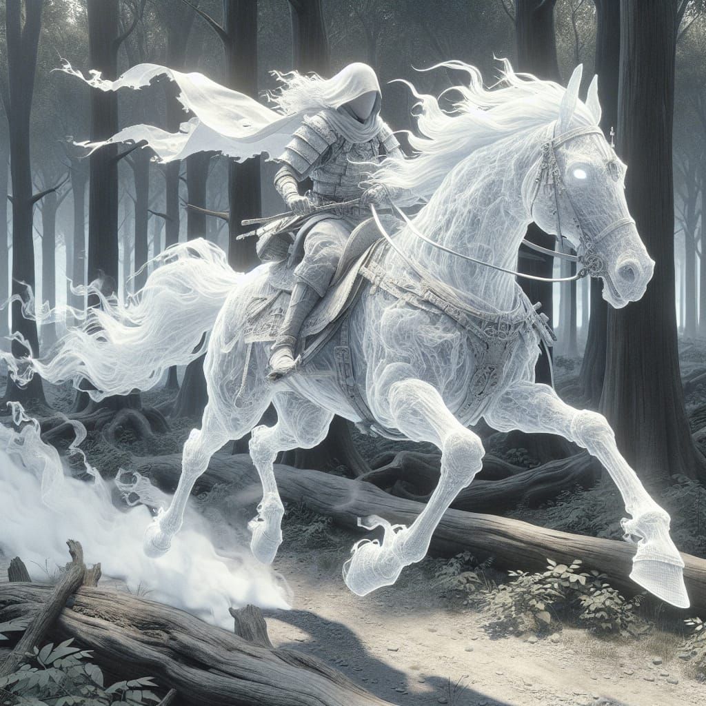 The image is of a Ghost Rider riding a Ghost Horse through woods. The ...