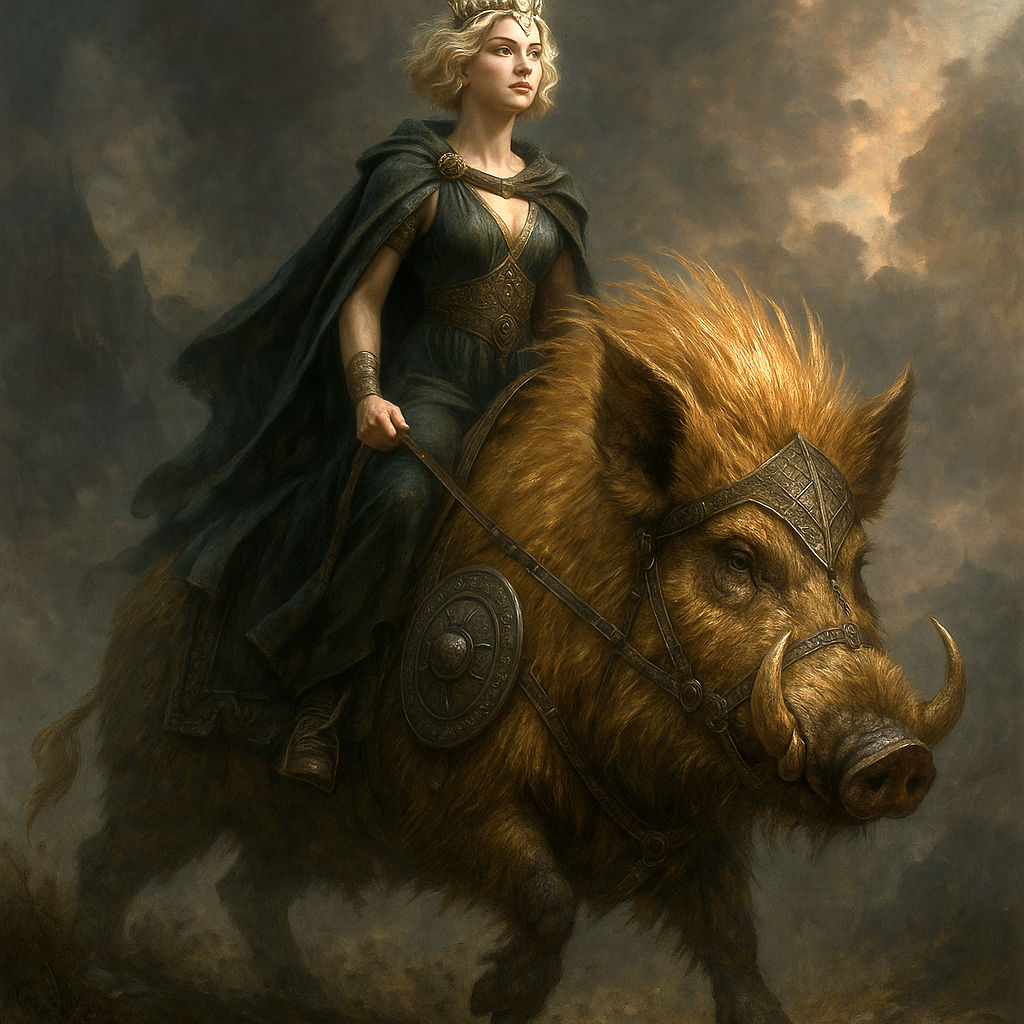 Freyja on her Battle-Boar Hildisvini