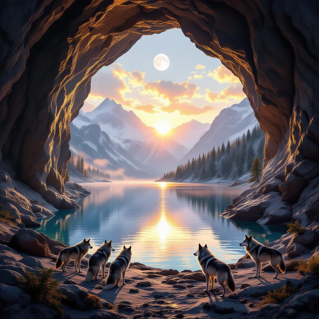 Create a hyper-realistic image of the entrance to a large cave in a mountain. Inside the cave is a crystal-clear mountain lake reflecting so...