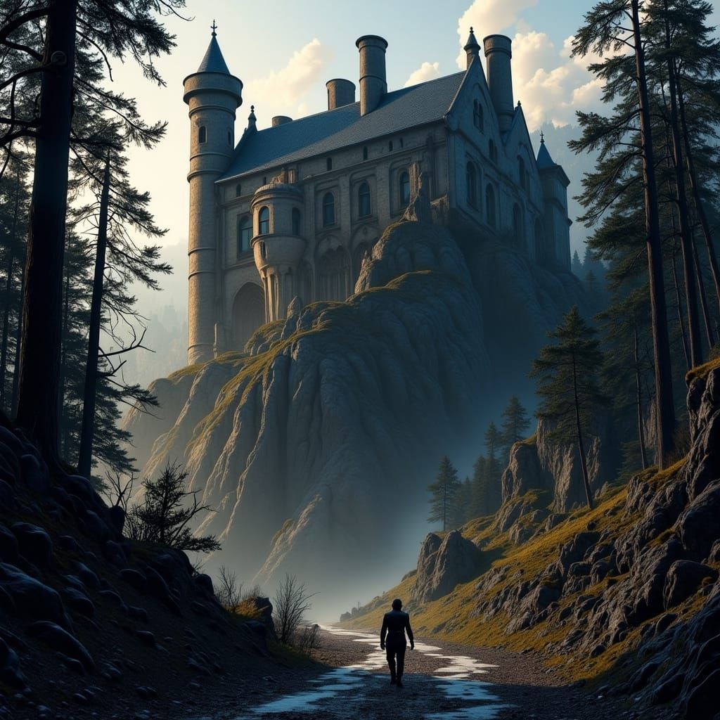 Un castello antico e grottesco, con un torrione di lato, ricoperto di edera nera, e un caseggiato dall' altro lato, una foresta e i corvi. <...