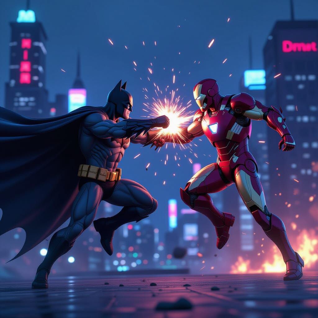 Batman vs Iron Man: Neon City Aerial Combat