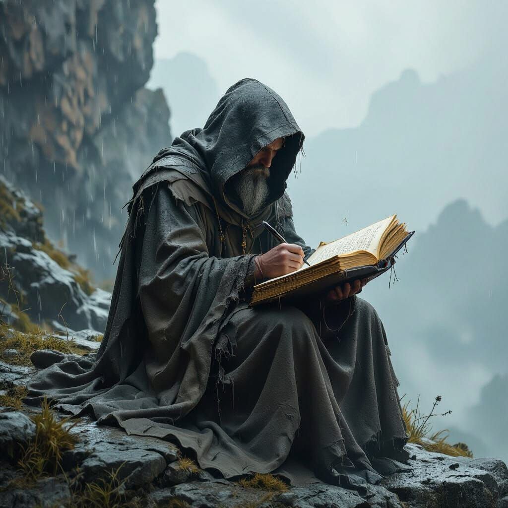 A hermit sits on a rocky crag. It is pouring with rain but still he writes with a quill pen into a large magical book
