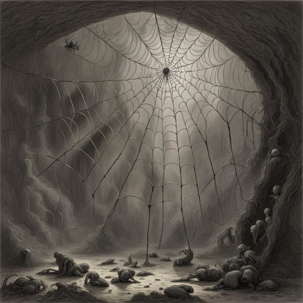 Spider webs funnel toward a dark center lots of spiders and webs  by @Kawaii_Demon666