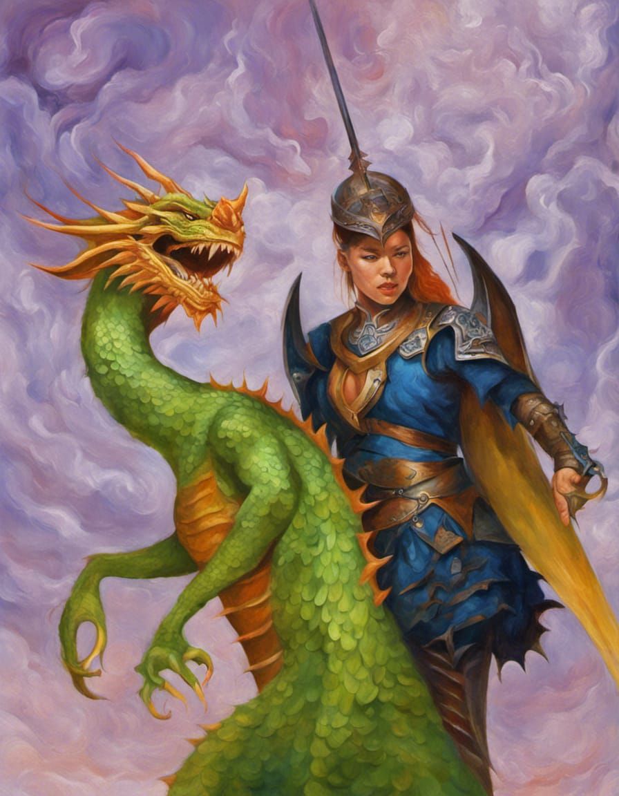 Dragon & warrior woman oil paint exact detail photo illustra...