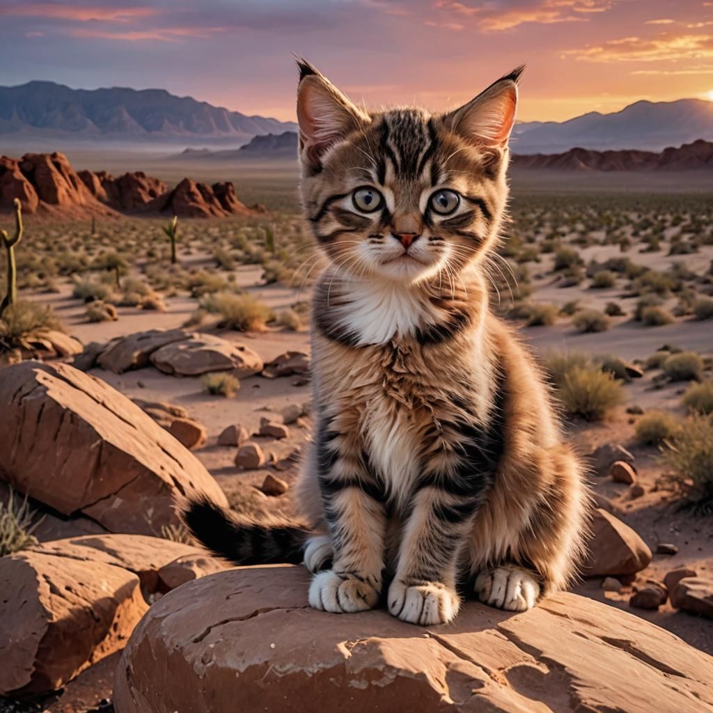 A Grumpy Kitten sitting on a rock, stunning desert sunset. E...