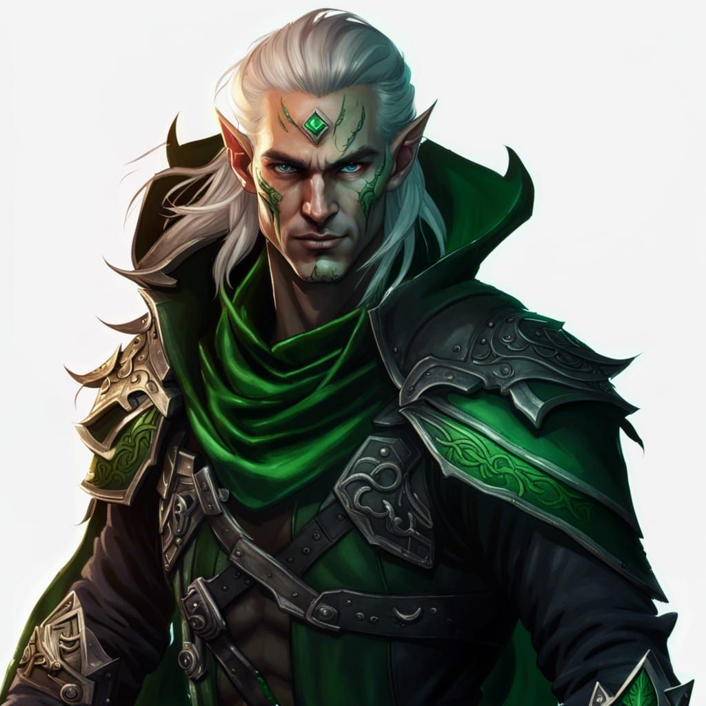 Male Elf Bounty Hunter, Platinum Long Hair, Emerald Green Eyes 