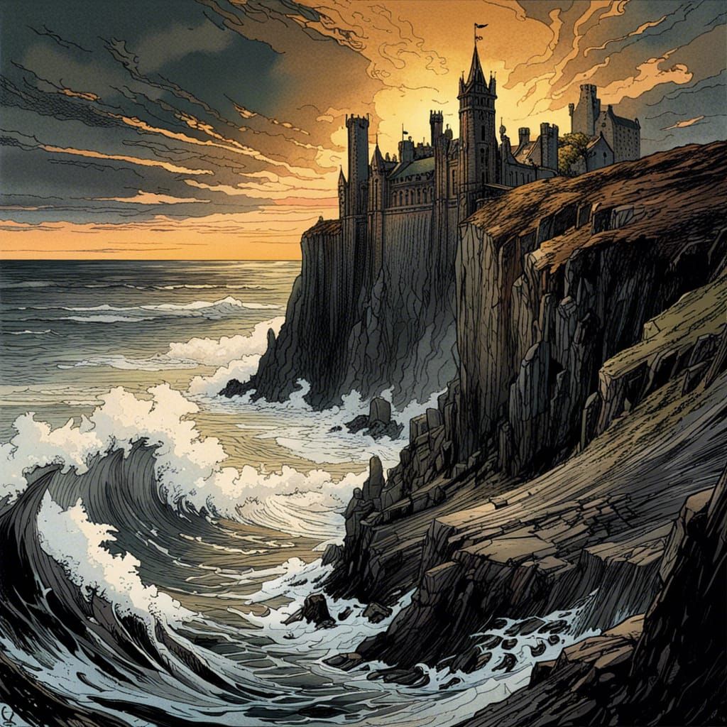 Vast gothic castle overlooking the dramatic cliffs, sea surging and waves crashing against the base of ...  by @BillyD