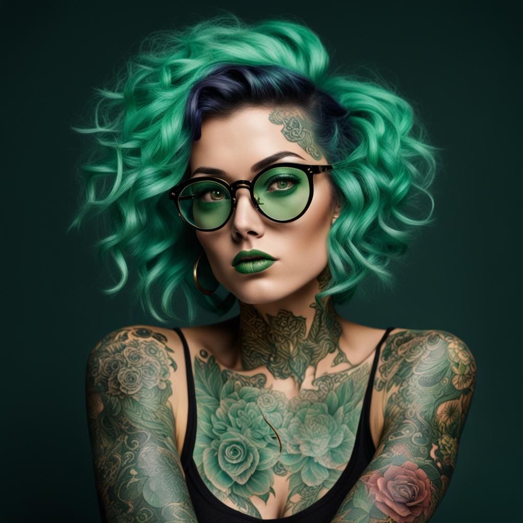 Femme pulpeuse, tatouée, lunettes, yeux verts, cheveux longs et bouclés assise  by @Abri 