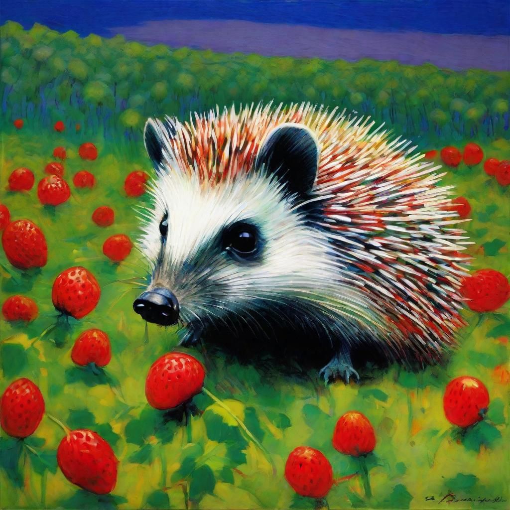 Fluorescent hedgehog on strawberry field 
Fluorescent colors...