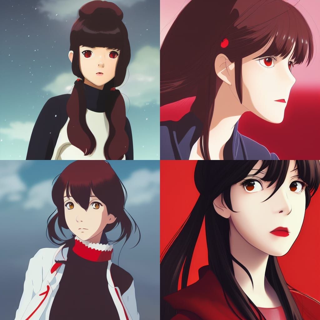 girl, dark brown hair, red eyes, black turtle neck, red butt...