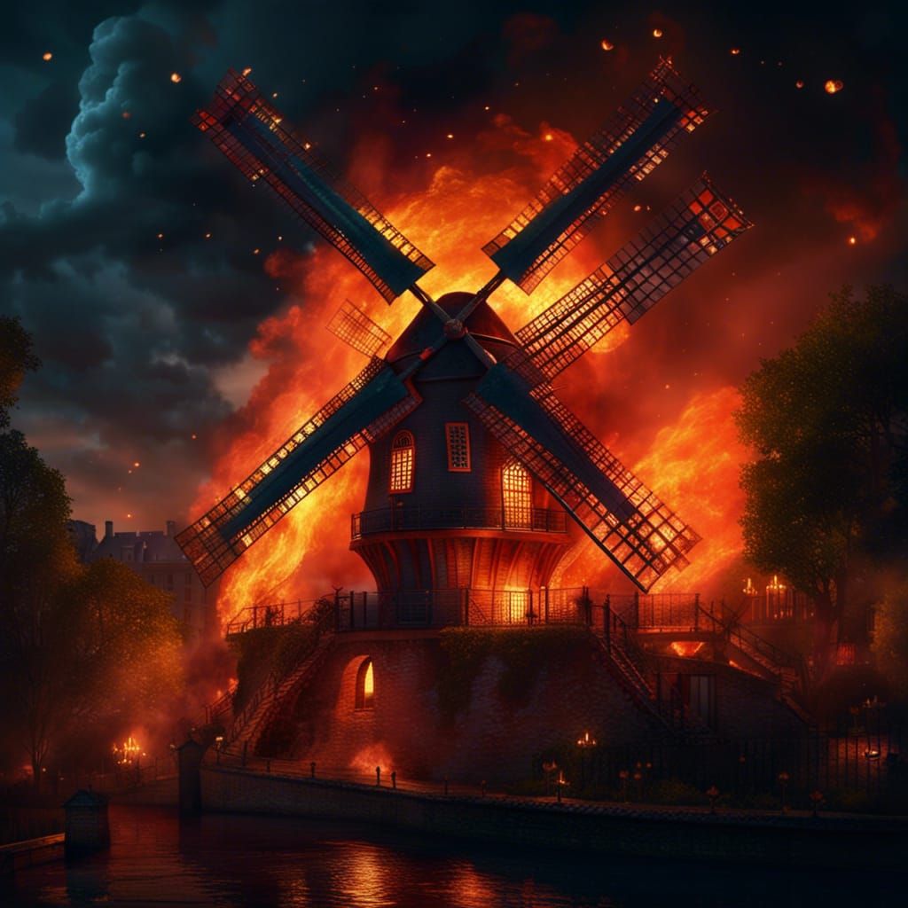 Beautiful windmill in 18th century Montmartre burning with h...