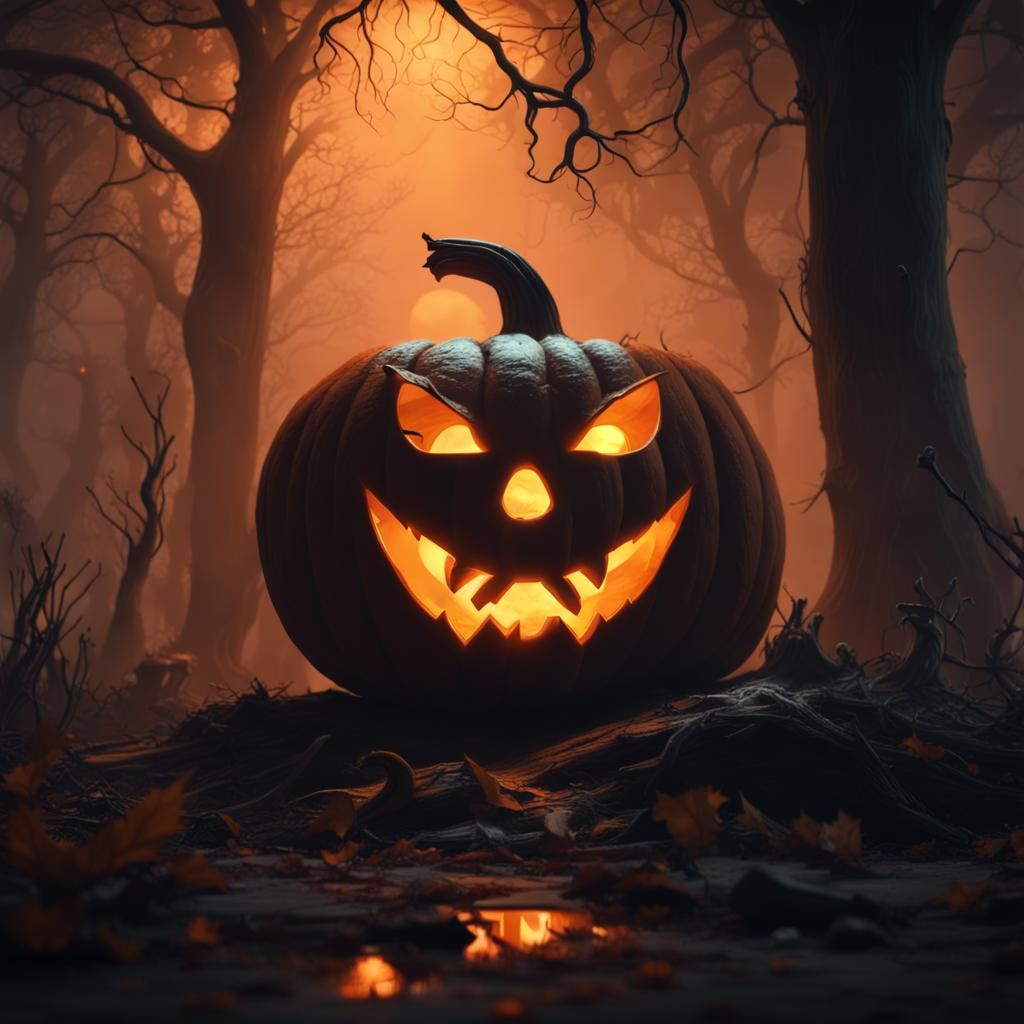 Scary Jack O Lantern Sitting In The Haunted Mist Shrouded Woods At NT7lSZtSF6tIZkGpTm1F 1 Qsf5d