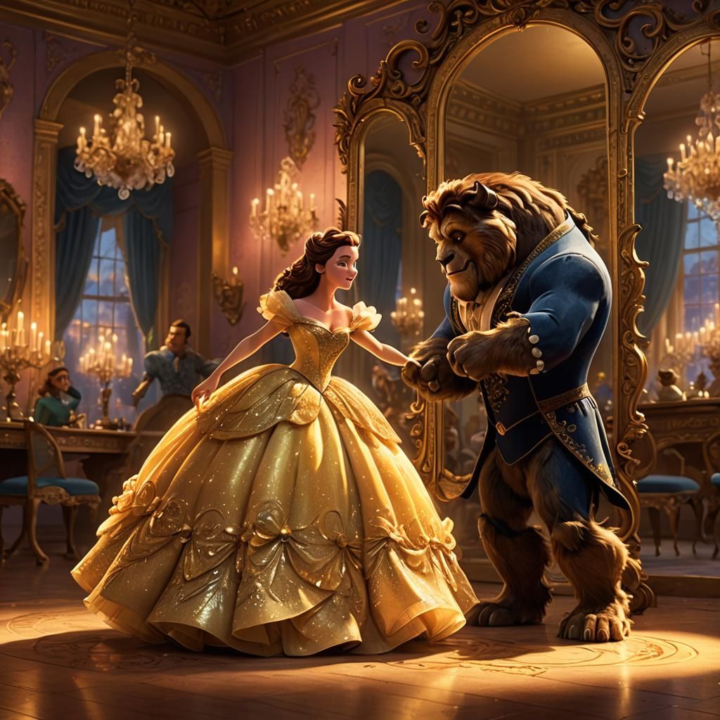 belle from beauty and the beast looking into a full length m...