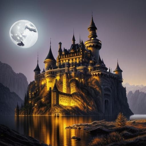 big moon above a detailed castle at night reflected in a lake, still ...