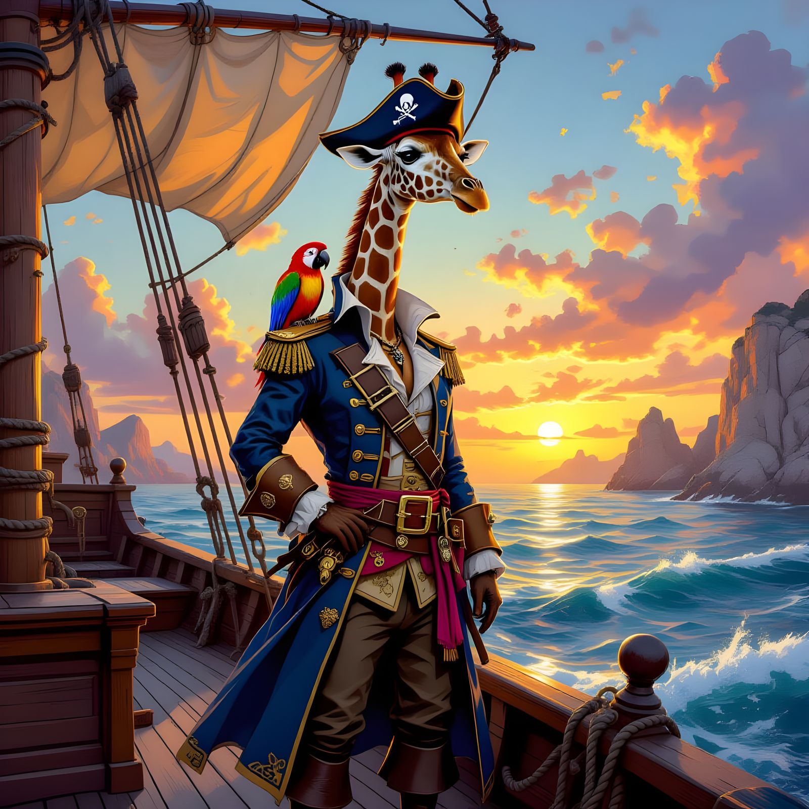 Pirate Giraffe Sailing at Sunset: A Digital Painting