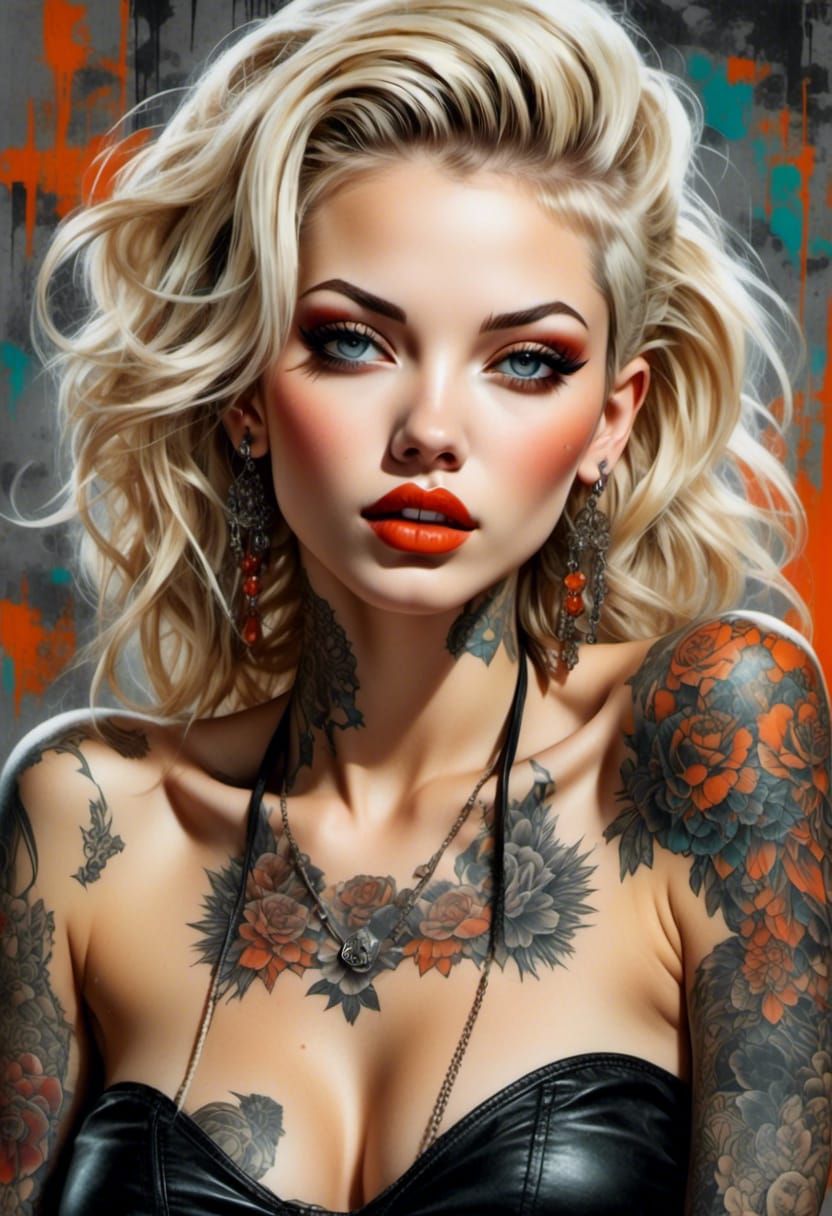 <lora:Pinup:1.0> <lora:Grunge-Poster:1.0> A gorgeous punk beauty with vibrant neon orange Mohawk in intricate tattoos, unclad, gorgeous hair...