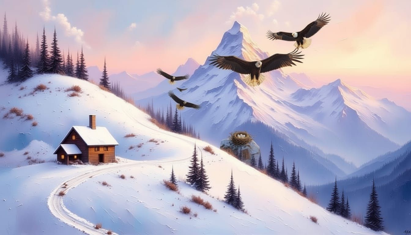 Move the rabbits and landscapes in image 1, into the background landscape of image 2 with the cottage, eagles and eggs. - Start Image 2