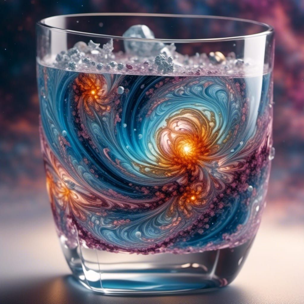 <lora:PanGalacticGB:1.0> Galaxy big bang universe inside an ice cube, in a glass of scotch, pan Galactic gargle blaster by sci-fi 