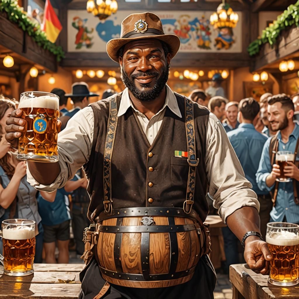 A black man holding an iconic Oktoberfest beer mug  by @CaaTingAI