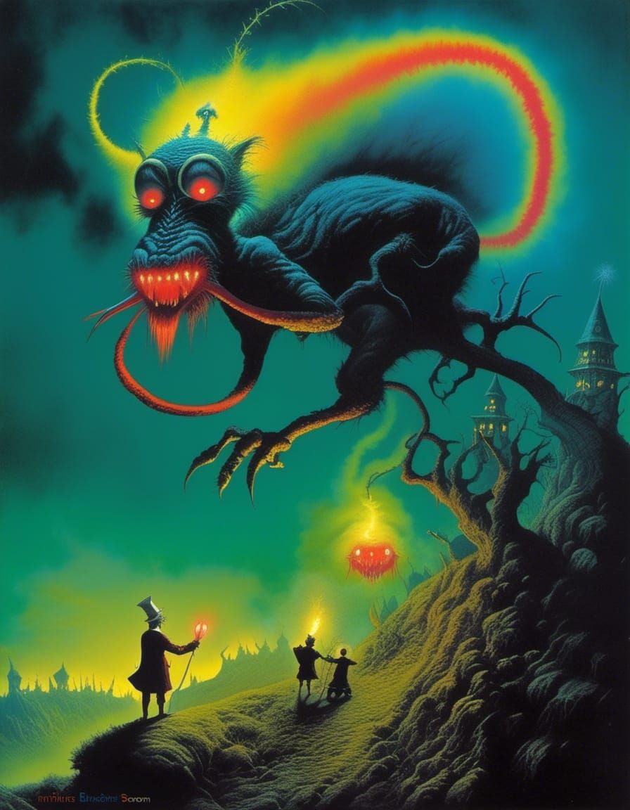 <lora:Cartoonishly Evil:1.0> Dr. Seuss's painting "Druid Summoning the Old Ones" in the style of Zdzislaw Beksinski, folklore horror , Eldri...