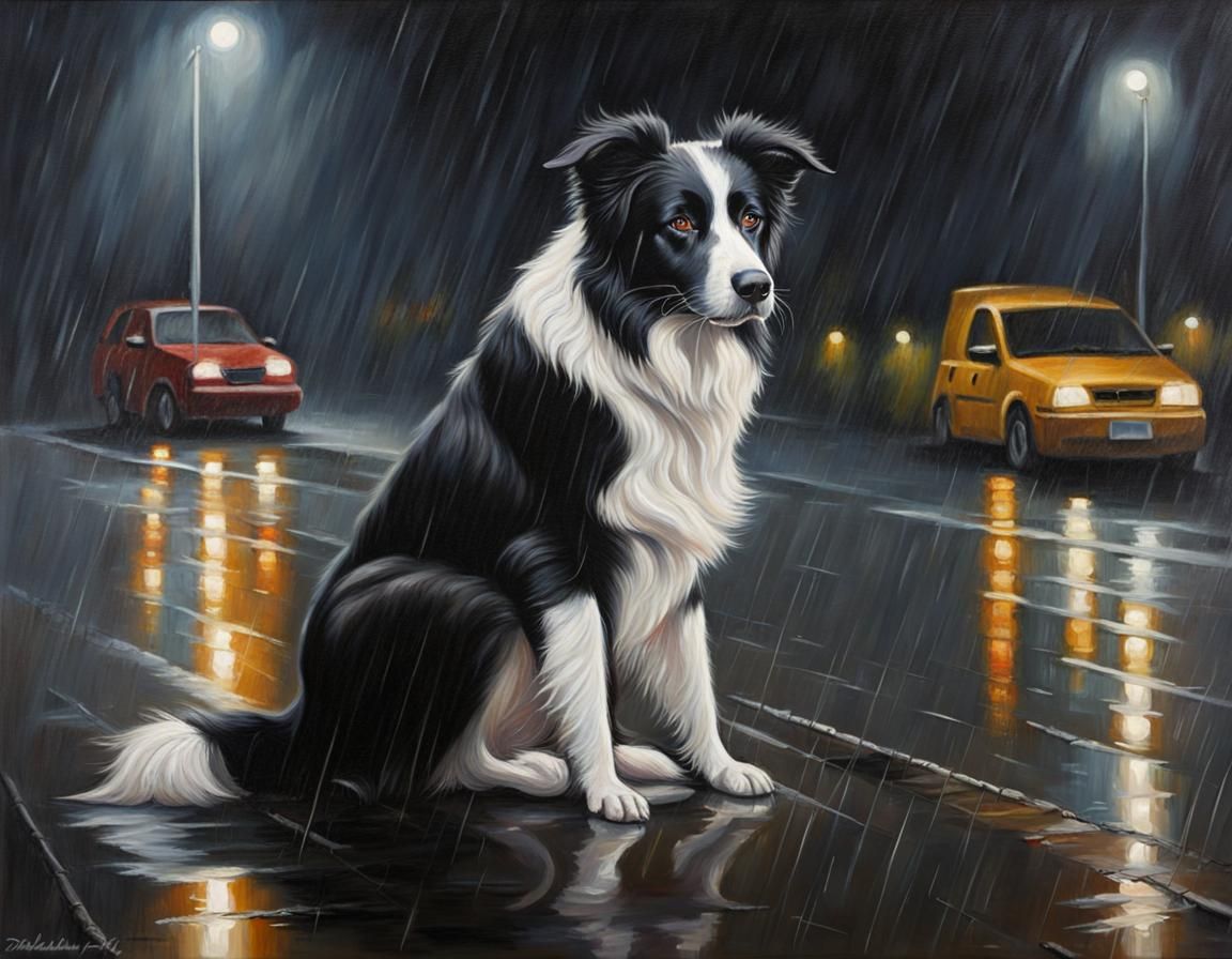 Border collie sitting in the rain at night, Oil painting, re...