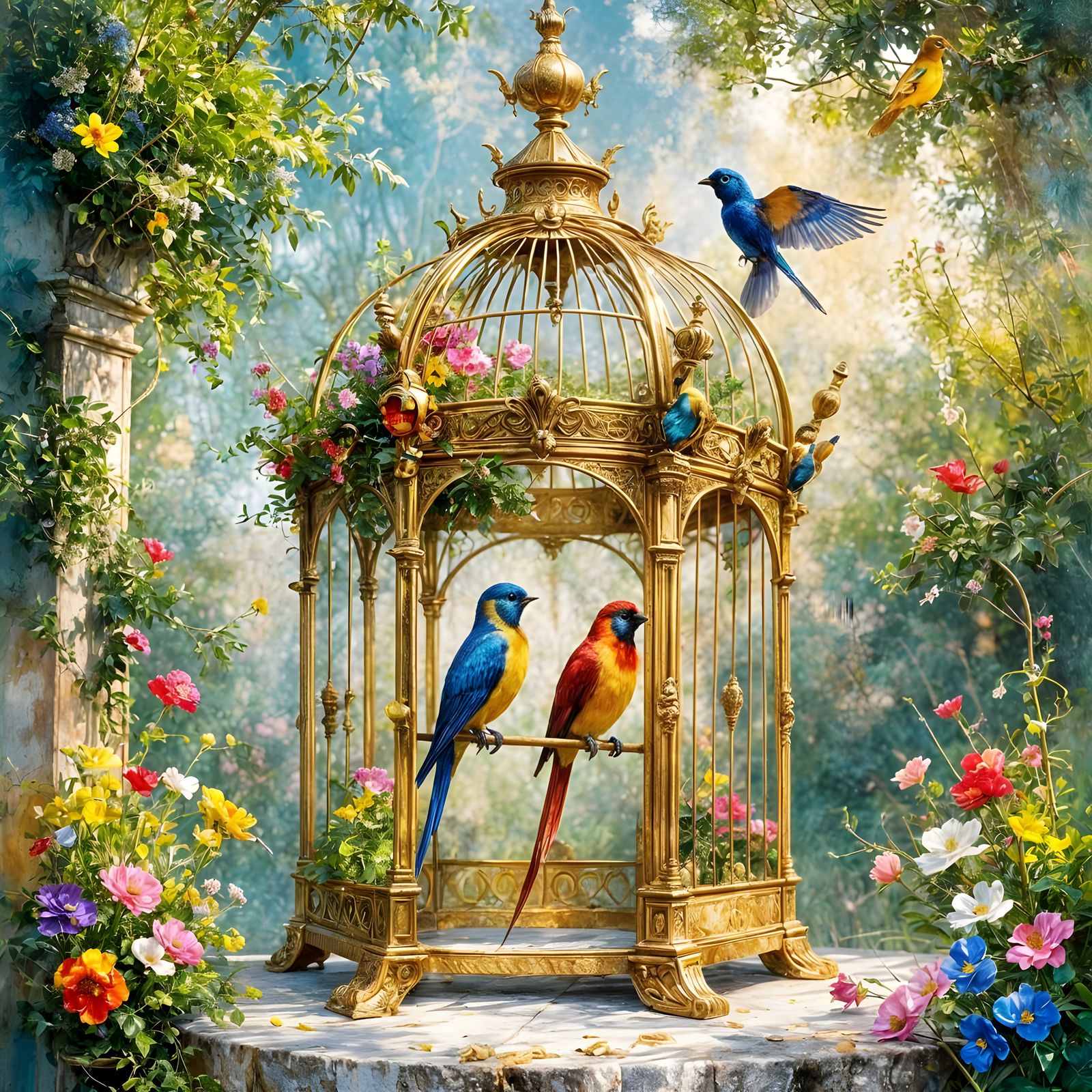 A beautiful gilded cage, no door to hold you here, fly free pretty birds.