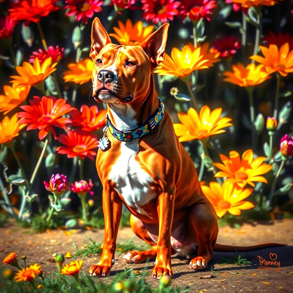 Pitbull Red Heeler Mix in a Vibrant Floral Field