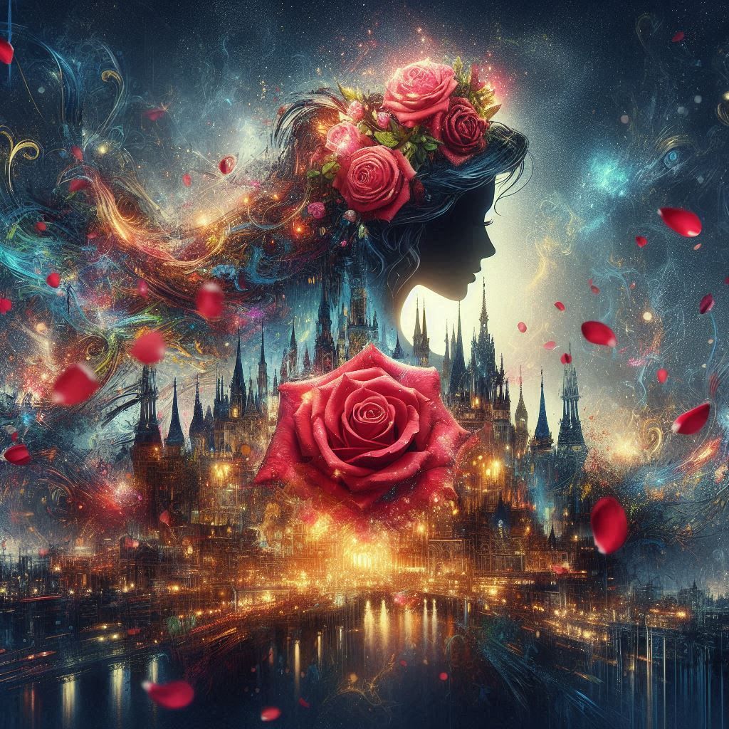 Belle in double exposure with castle & rose backdrop (2)