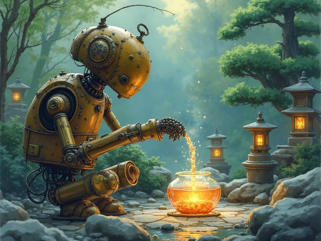  A Japanese garden where an old robot is brewing a magical potion. Watercolor style