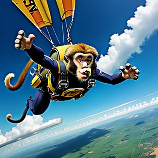 Skydiving monkey trying to catch falling bananas