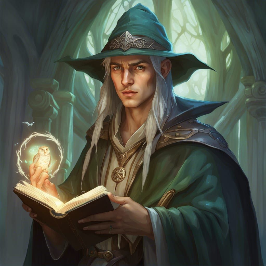 young elven wizard wearing a hat casting a spell with his spellbook. a ...