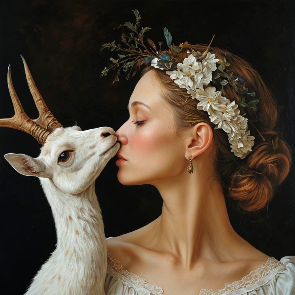 Photorealistic Portrait with Fantastic Animals in Surreal St...