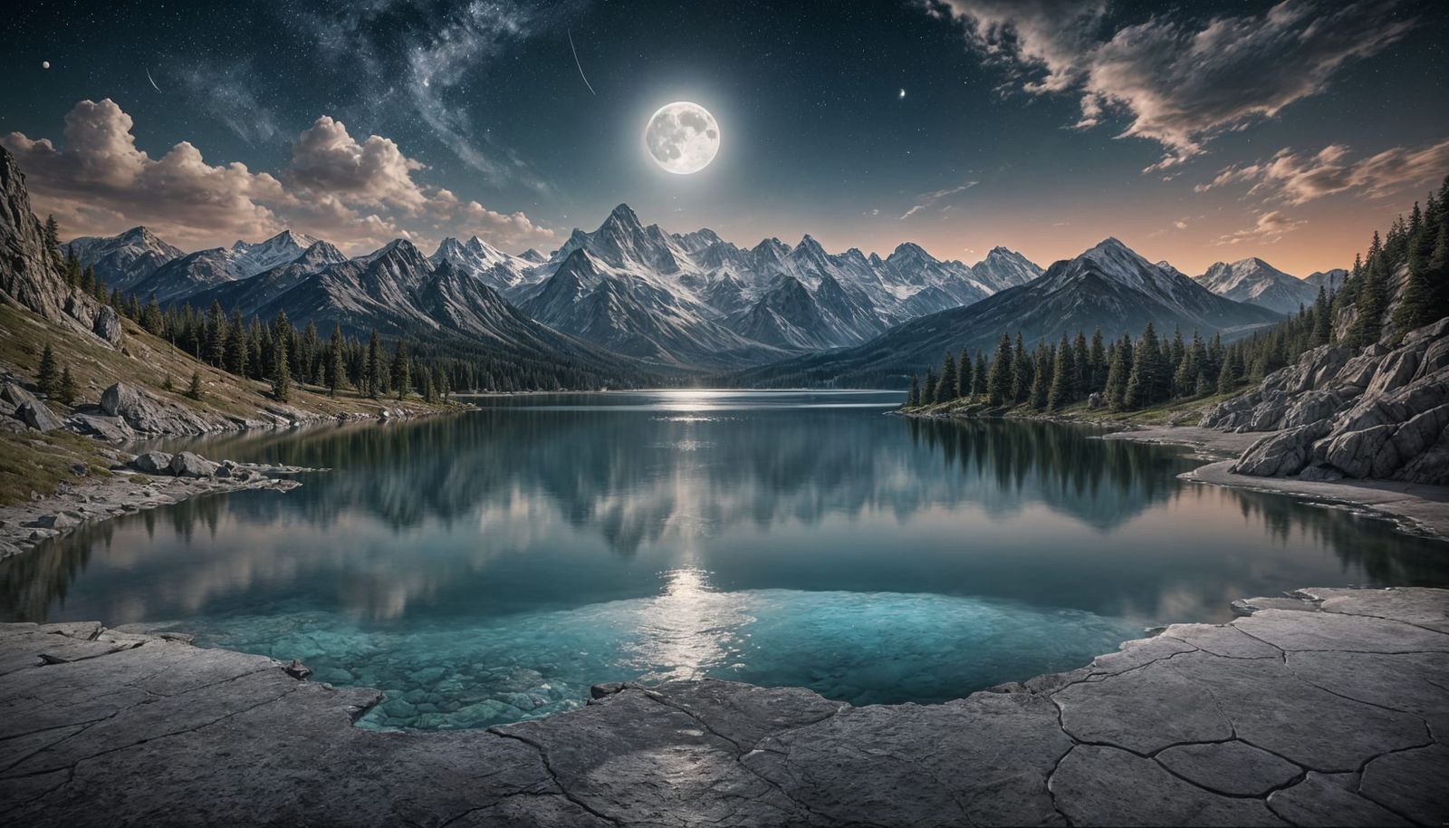 a lake, mountains, and full moon  by @Smily