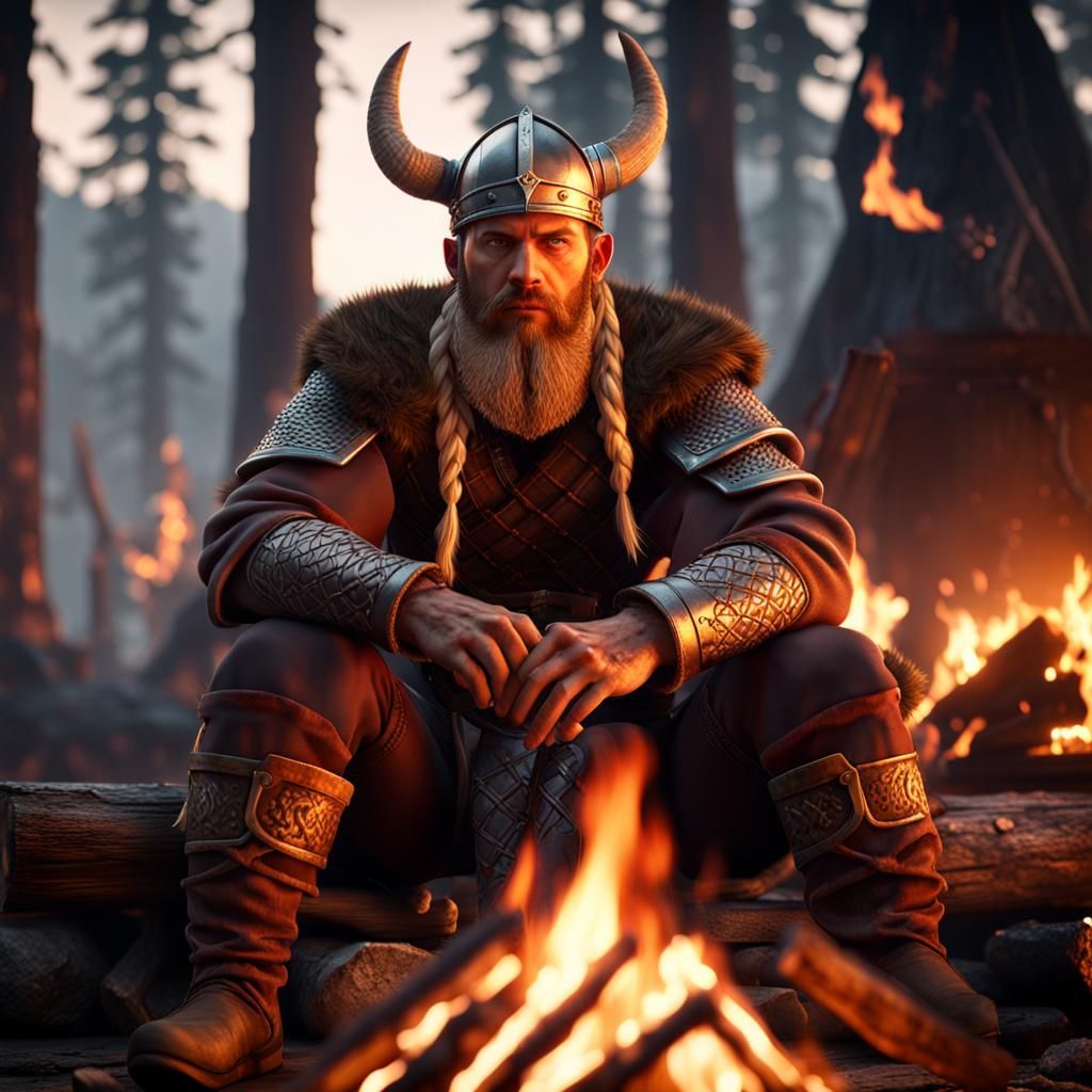 viking sitting at fire