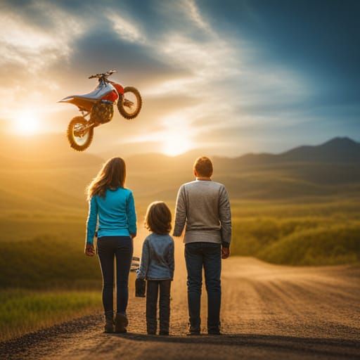 Family standing together with a dirt bike at a dirt bike tra...