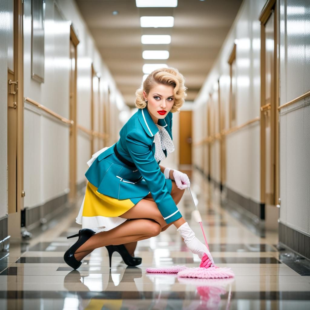 blonde cleaning lady with a model haircut, down on her knees...