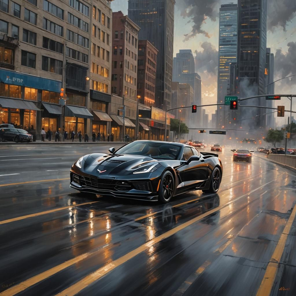 black 2024 Chevy corvette speeding down freeway. Beautiful c...