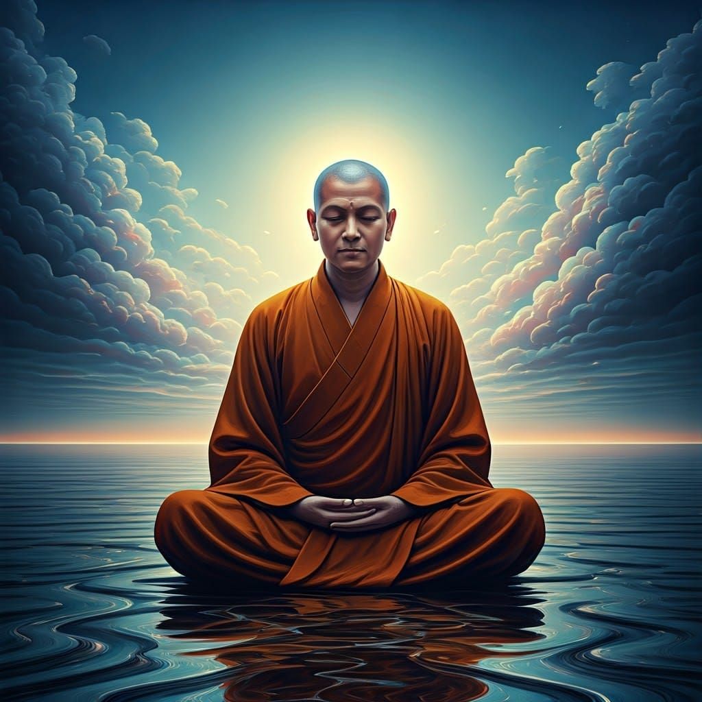 Buddhist Monk in Dreamlike Landscape of Serenity