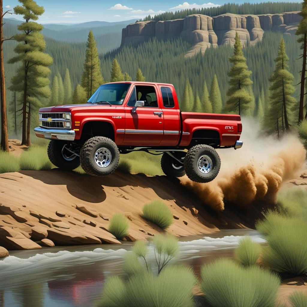 A realistic oil painting of a dark red 1991 Chevrolet K1500 short box extended cab with a windshield visor, extreme off-roading with huge kn...