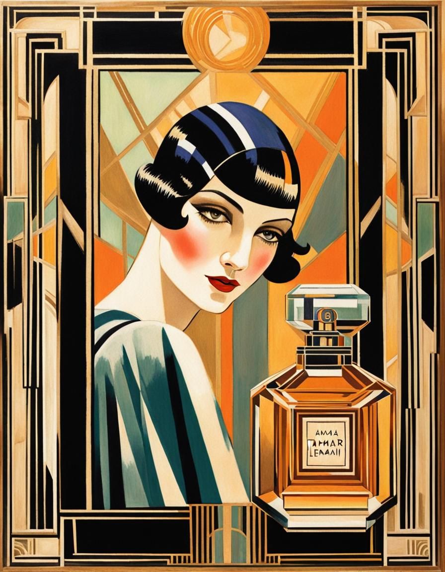 Lavender and black, Art Deco poster art, 1920s flapper adver...