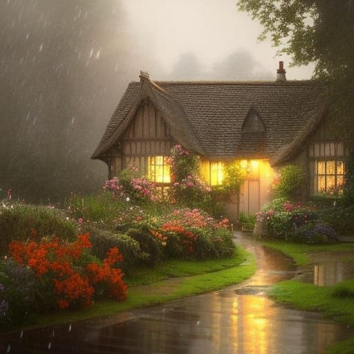 English cottage in the rain