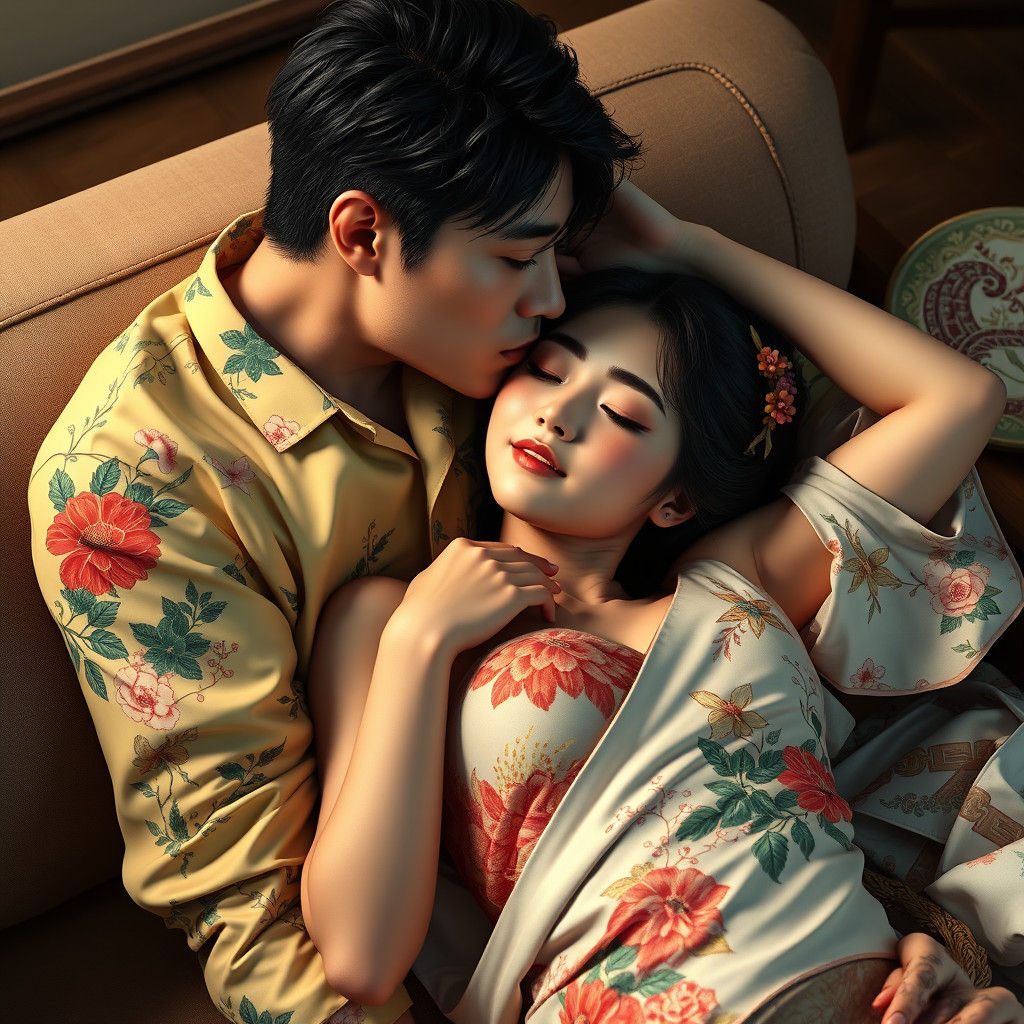 Romantic Kiss: Japanese Woman in Detailed Matte Painting